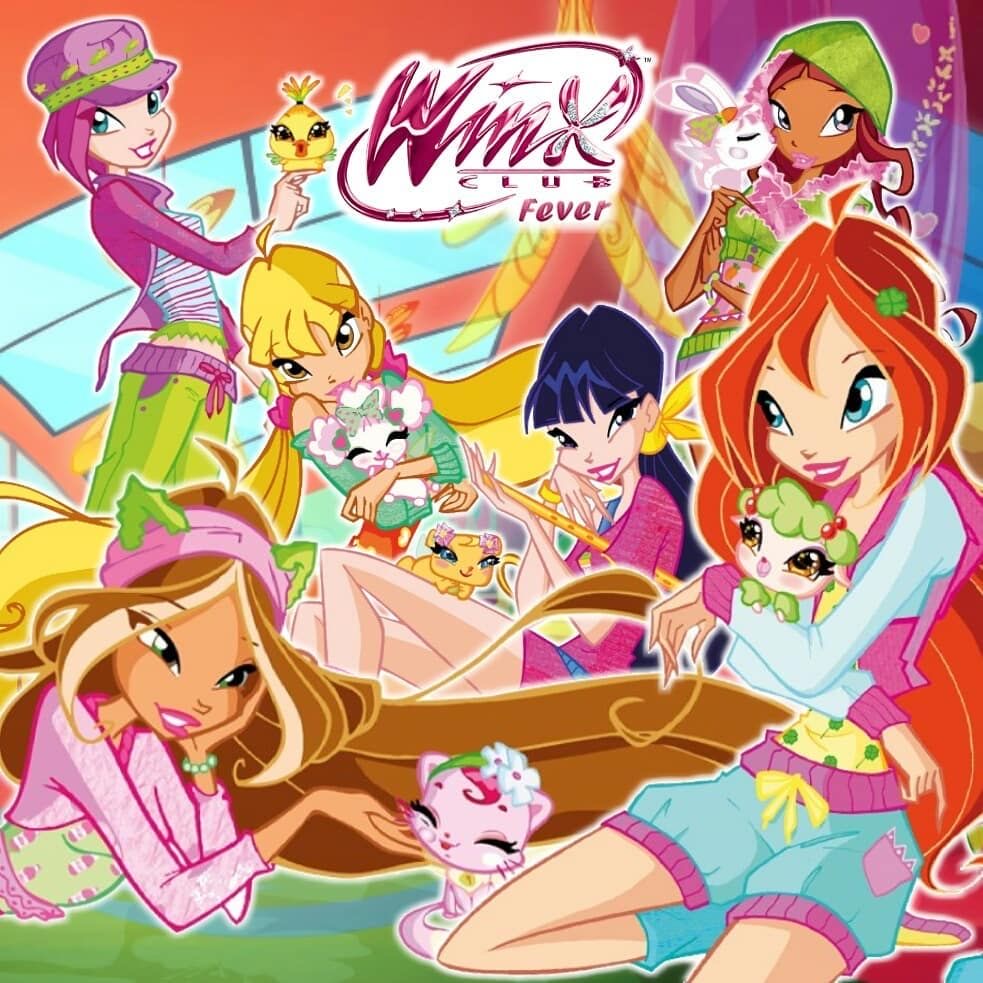 Colorful Winx Club cartoon girls relaxing together with small pets and a logo behind them