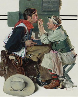 Vintage illustration of dentist examining boy's mouth while boy sits in chair