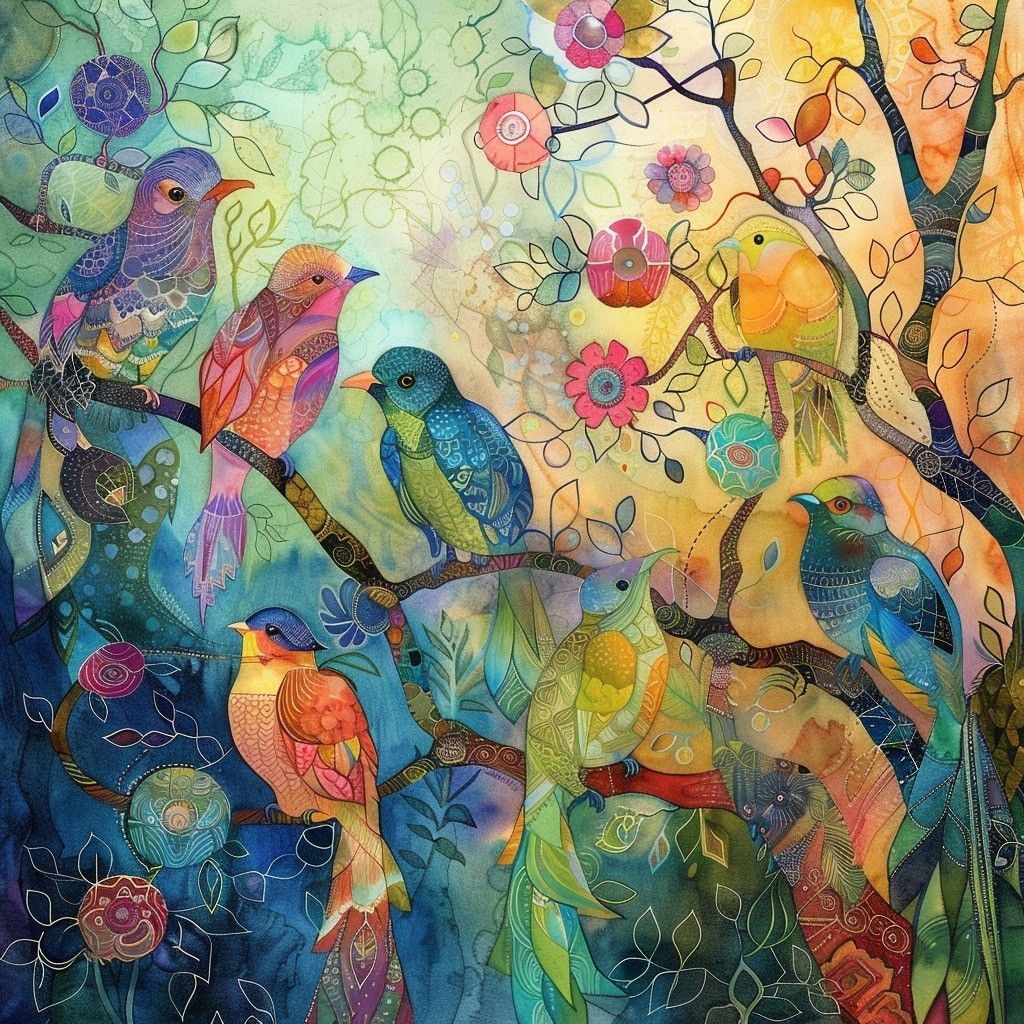 Colorful stylized birds on branches with flowers in warm and cool tones