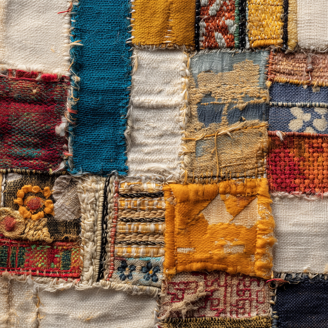 Colorful patchwork quilt with stitched fabric squares in yellows, blues, reds, and earth tones with visible texture