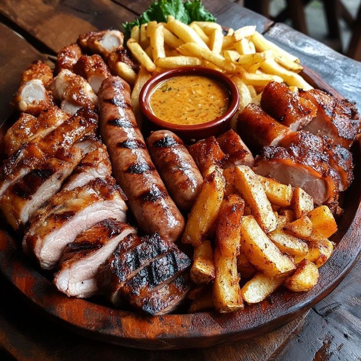 BBQ platter with grilled sausages, sliced chicken, french fries, and dipping sauce on wooden board