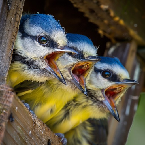 Three baby blue tit birds with open mouths in wooden nest box