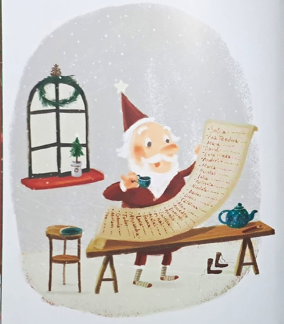 Saint Nicholas in red robes holding a sack of gifts