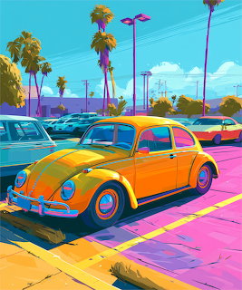 Orange VW Beetle in colorful parking lot with palm trees