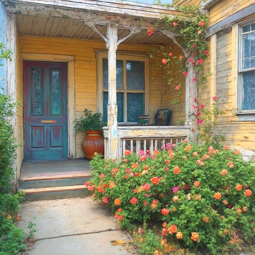 Yellow cottage porch with white columns and blooming orange roses in pots