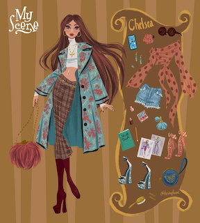 My Scene Chelsea fashion doll illustration with floral coat, plaid skirt, and accessory layout