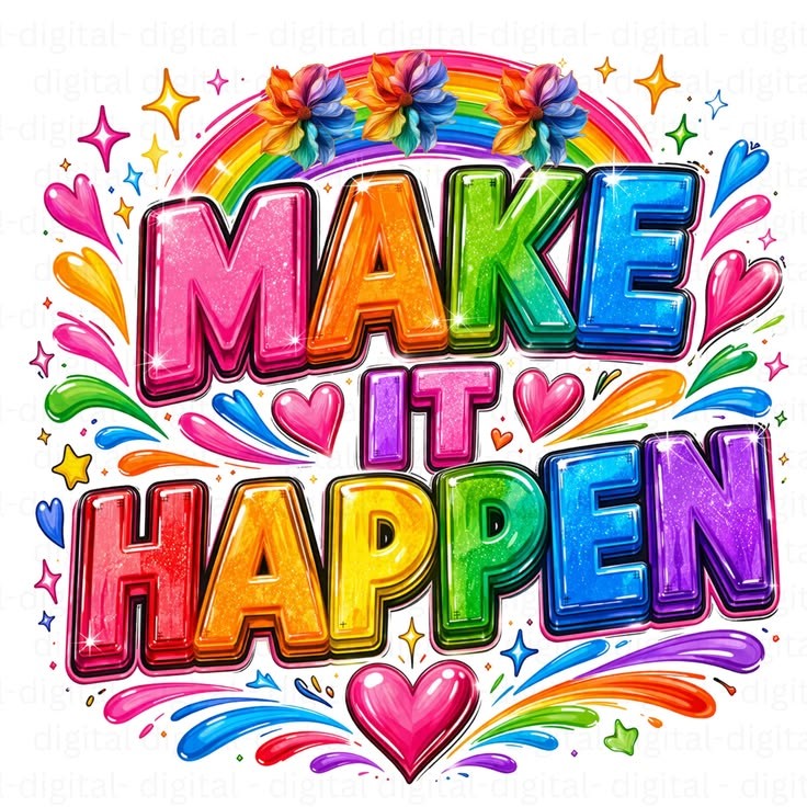 Make It Happen text in vibrant rainbow colors with hearts, stars and decorative swirls