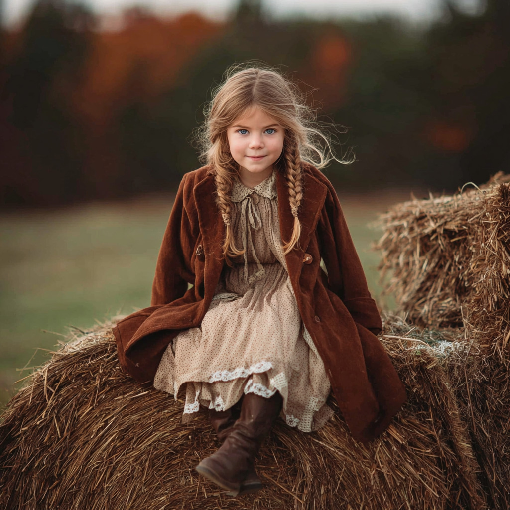 Young girl in brown dress sitting on hay bale in autumn field
