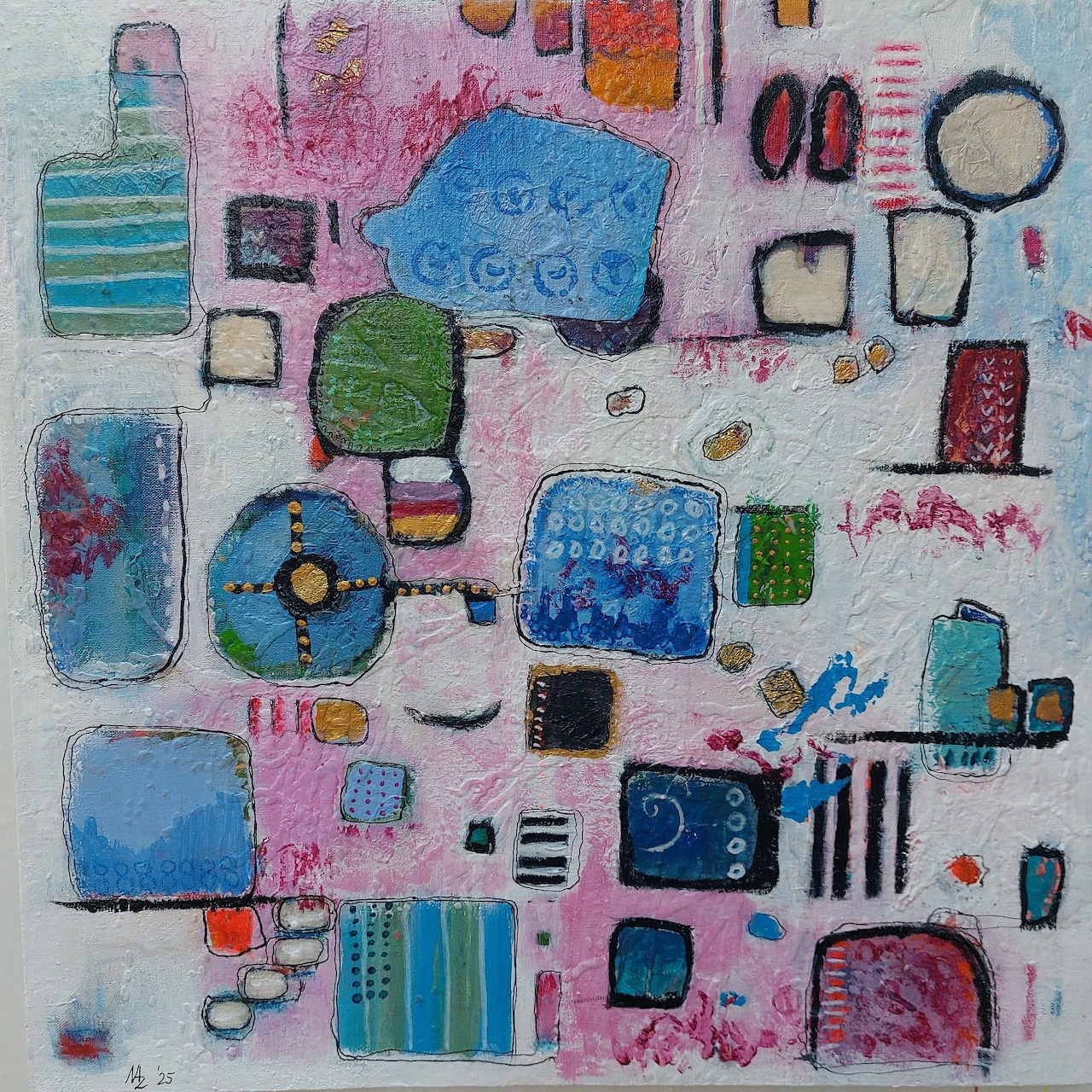 Abstract mixed media painting with pink background, blue shapes, and geometric blocks
