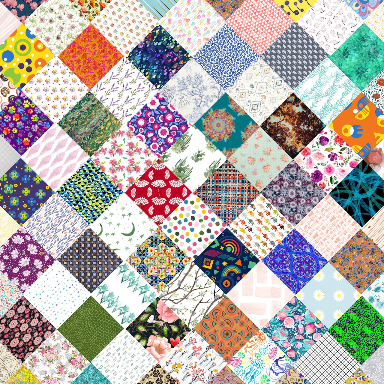 Colorful patchwork quilt with diverse fabric patterns in square patches