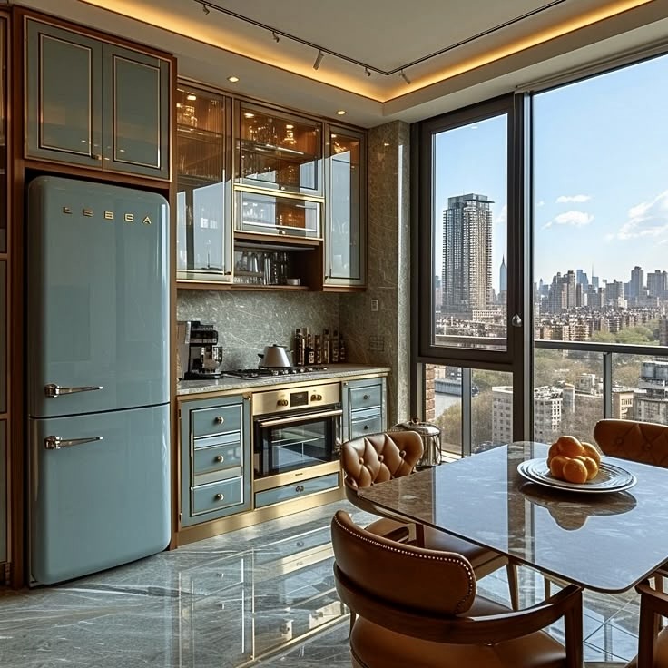 Luxury penthouse kitchen with city skyline view through large windows, vintage mint appliances and marble countertops