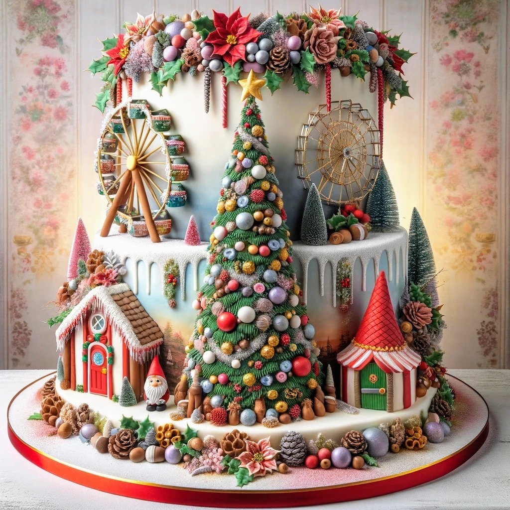 Multi-tiered Christmas cake decorated with miniature village scene, Christmas tree, ferris wheel, and holiday decorations