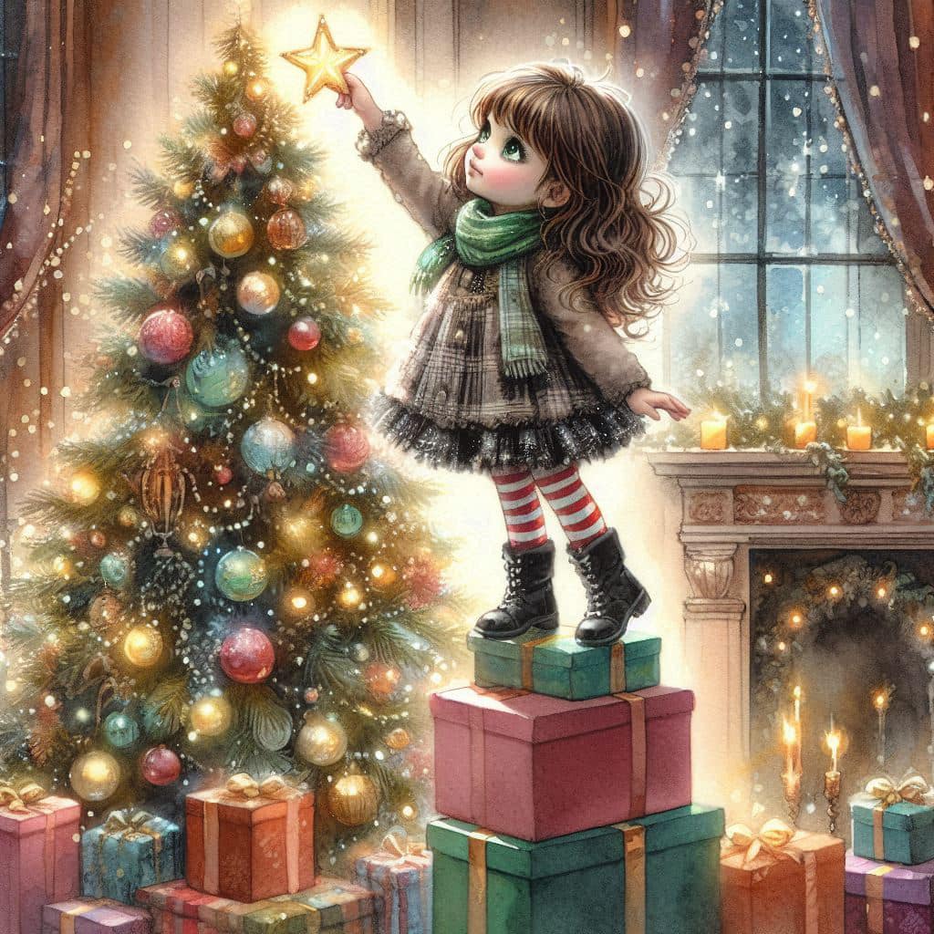 Young girl decorating Christmas tree with star in warmly lit room with presents and snowy window view