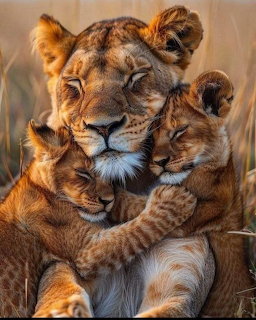 Lioness cuddling two lion cubs in golden grass