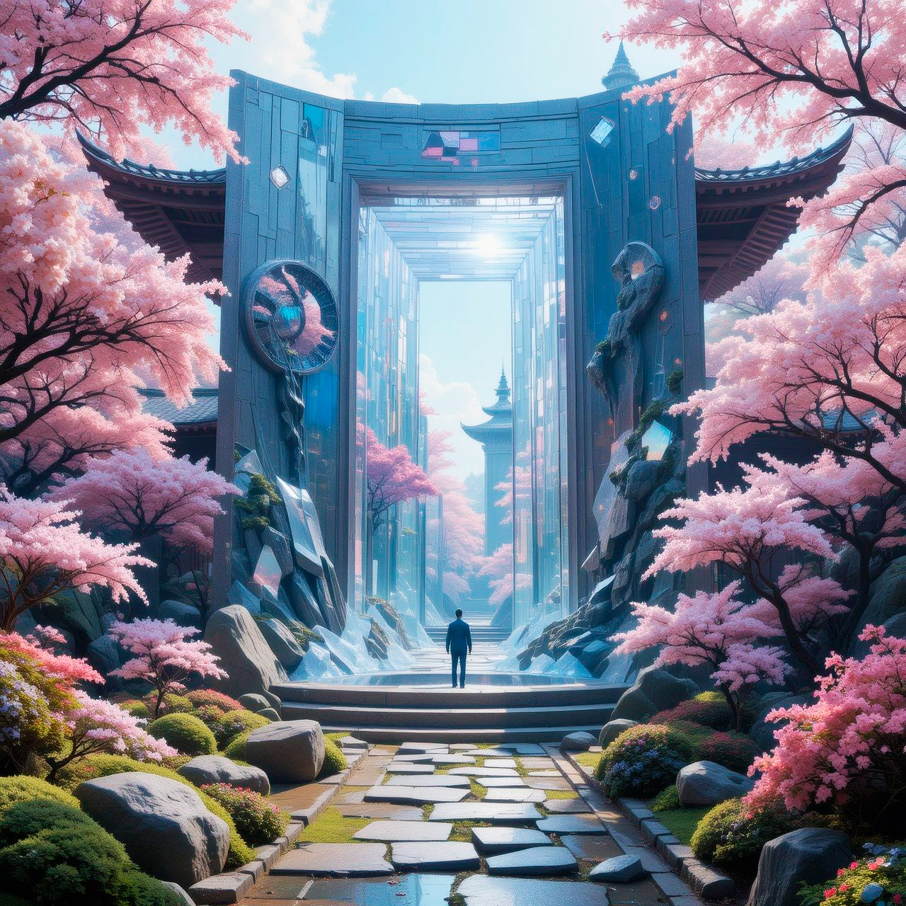 Illustrated fantasy portal with a person standing on a stone path among pink cherry blossoms
