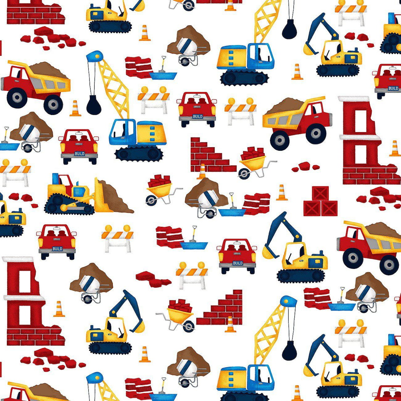 Seamless pattern with cartoon construction vehicles, trucks, cranes, and building materials on white
