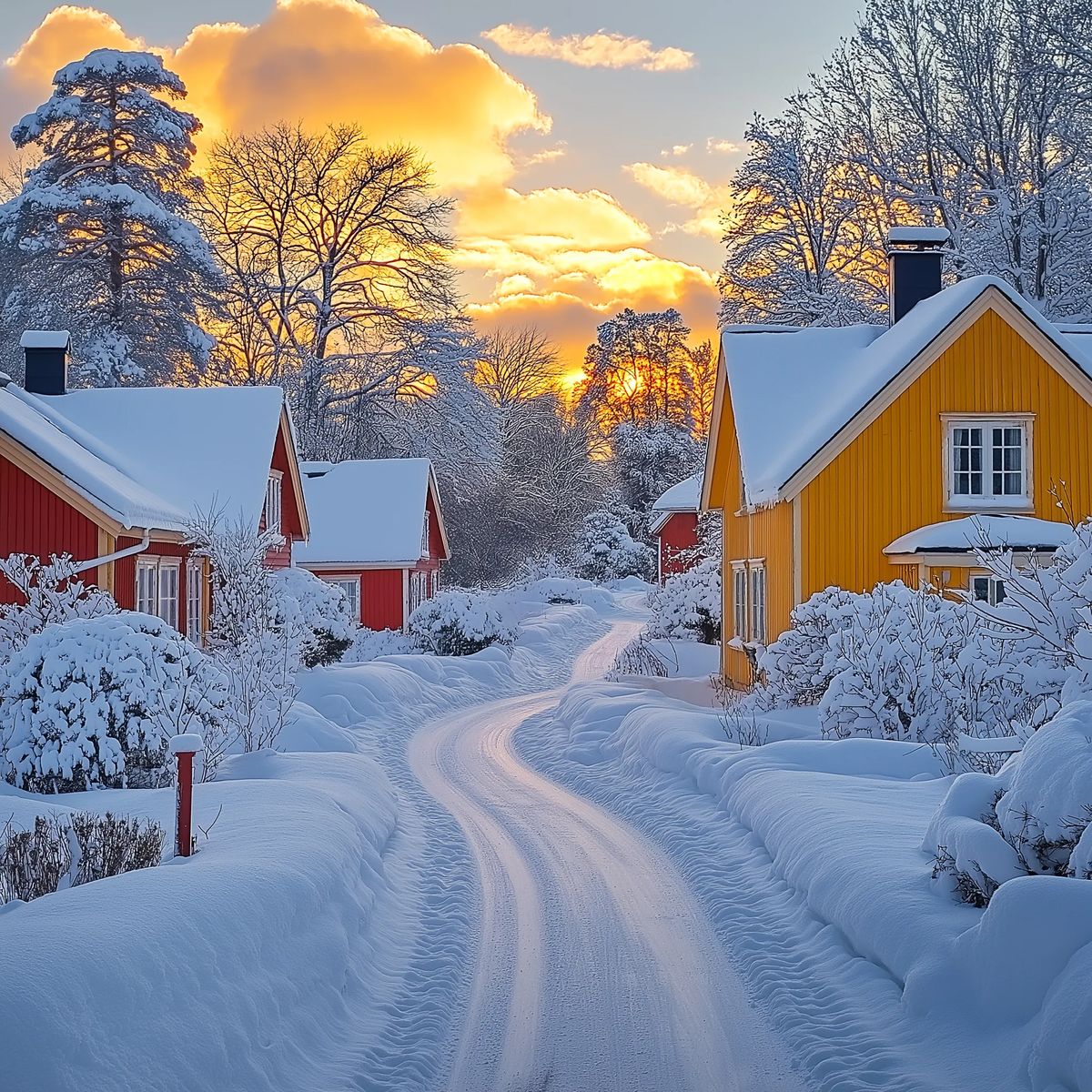 Snowy Village Sunset