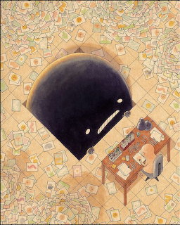 Illustration of a giant dark blob creature behind a person working at a clutered desk surrounded by papers