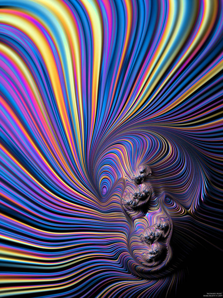 Colorful abstract fractal with rainbow stripes swirling into a dark spiral