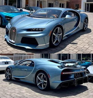 Light blue Bugatti Chiron Super Sport photographed from front and rear angles on cobblestone driveway
