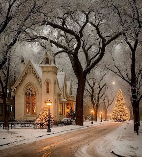 Illuminated white church with Christmas tree on snowy evening, bare trees frame the scene with warm glowing lights