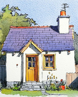White Cottage with Purple Roof