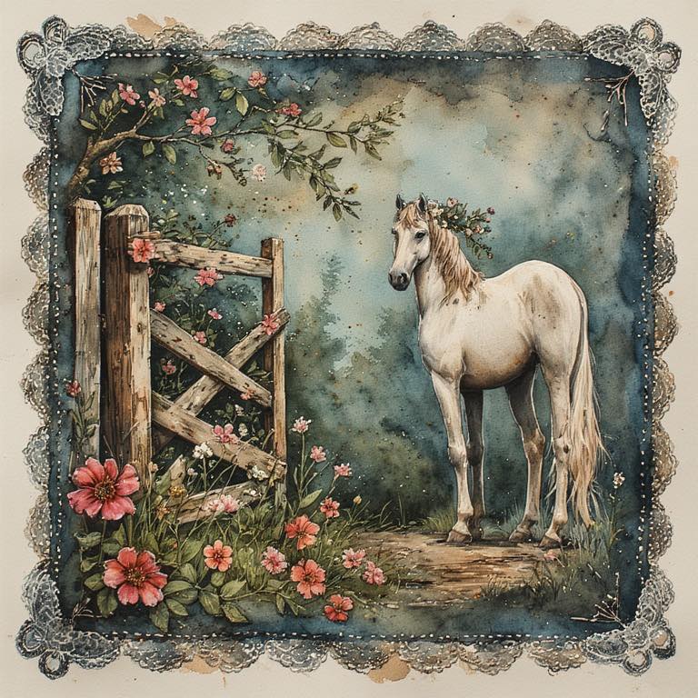 White horse next to wooden fence with pink flowers in decorative frame