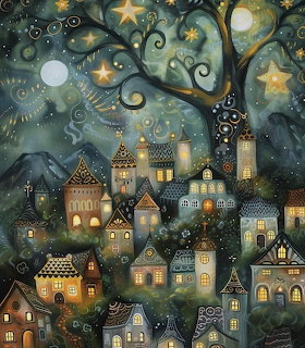 Whimsical night village with glowing cottages under starry sky and swirling tree with stars