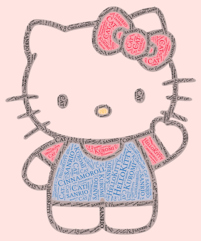 Hello Kitty figure formed from typography text art with pink bow and blue dress