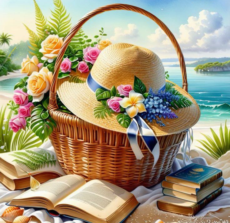 Illustration of a picnic basket with a straw hat, flowers, and books on a sunny beach