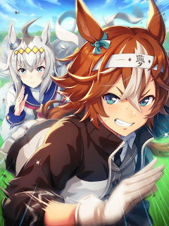 Anime horse girl with orange hair and blue eyes in dynamic pose with silver-haired companion