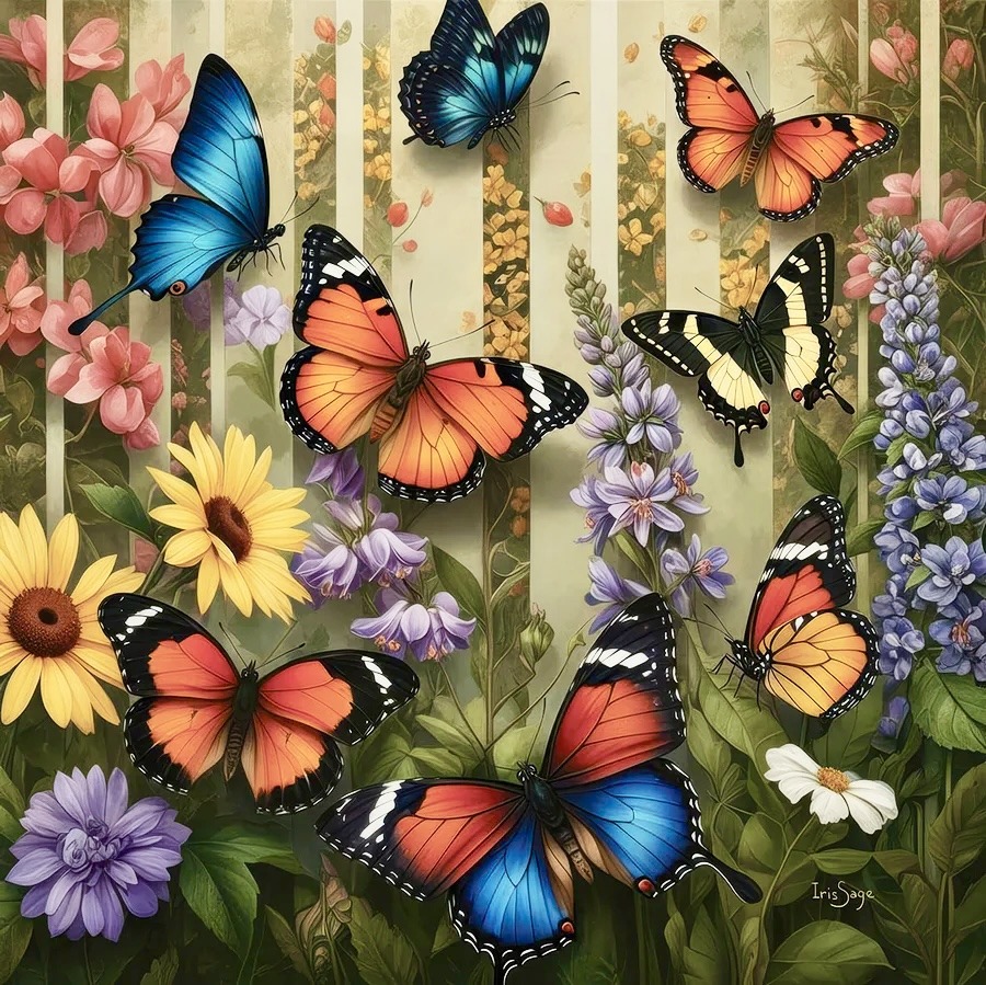 Colorful butterflies flying among purple, pink, yellow, and white flowers in a garden illustration