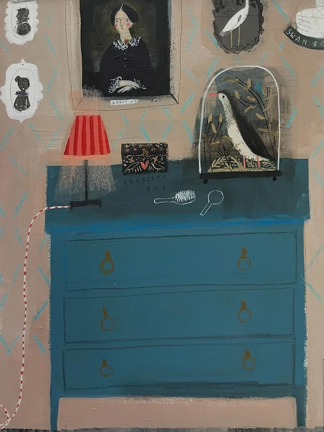 Illustration of a blue vintage dresser with a red lamp and framed pictures on a beige wall