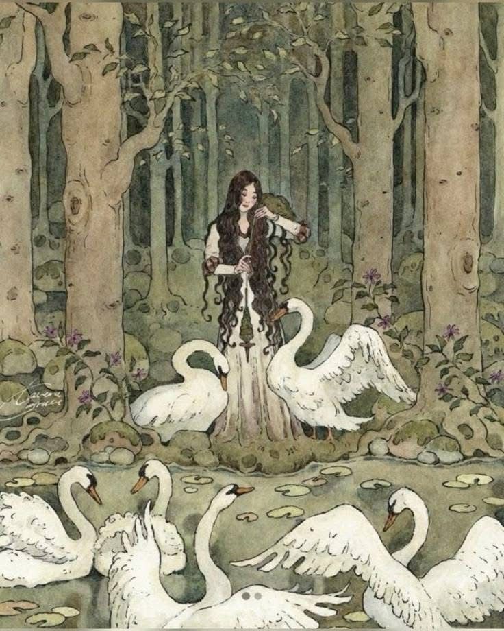 Illustrated girl with long hair in a forest surrounded by white swans near a pond