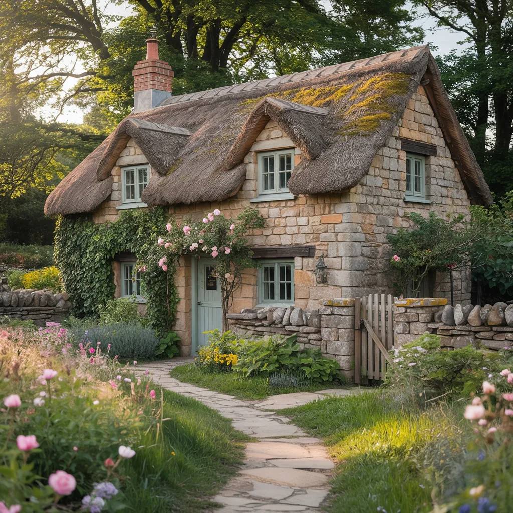 Stone cottage with thatched roof in blooming garden with pathway