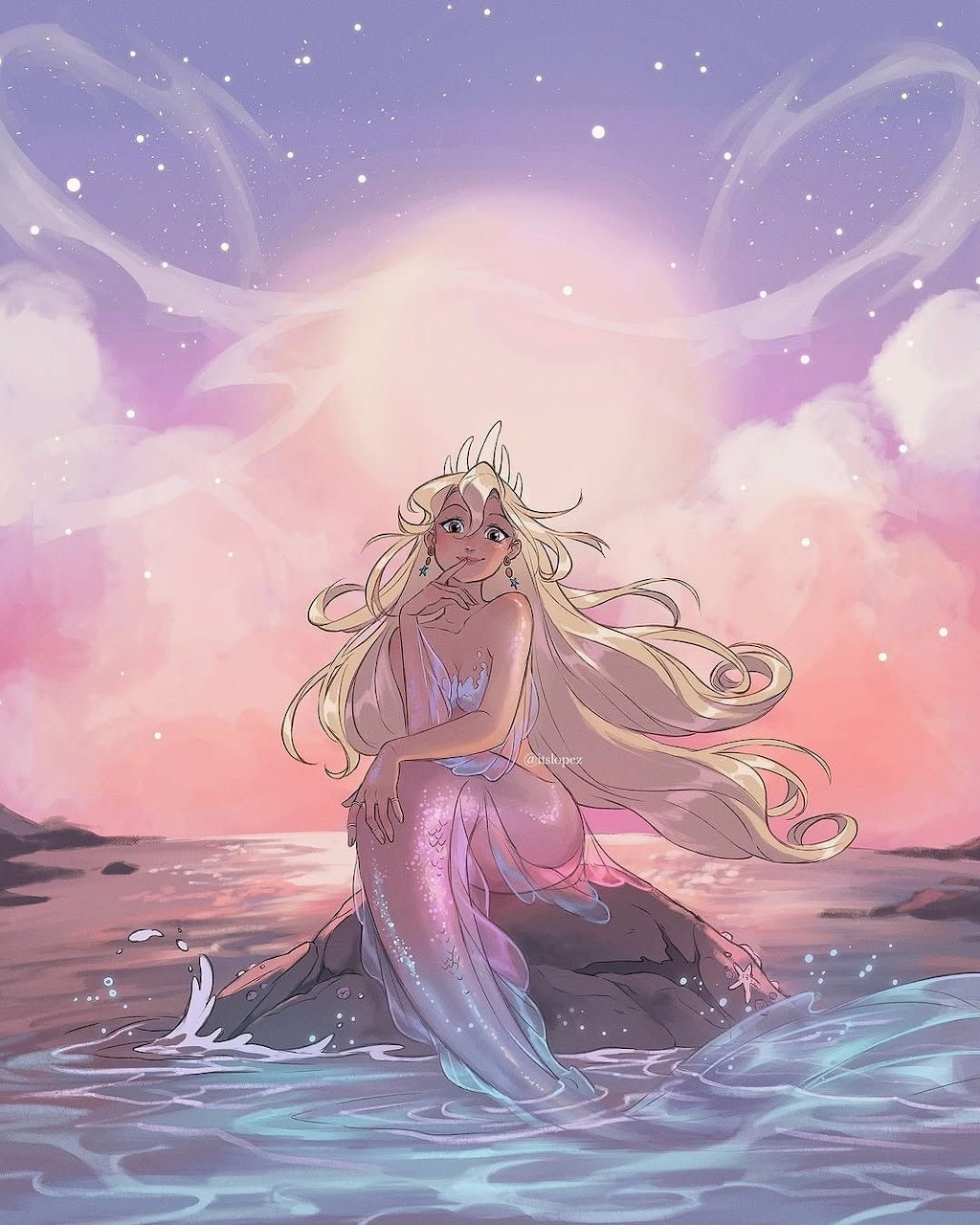 Illustrated blonde mermaid sitting on a rock by the sea under a pink starry sunset sky