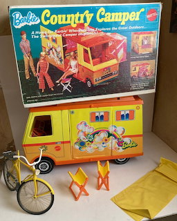 Vintage Barbie Country Camper toy set with RV, bicycle, chairs, and original packaging box