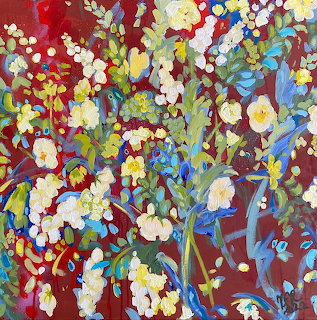 Abstract floral painting with colorful blooms on burgundy background
