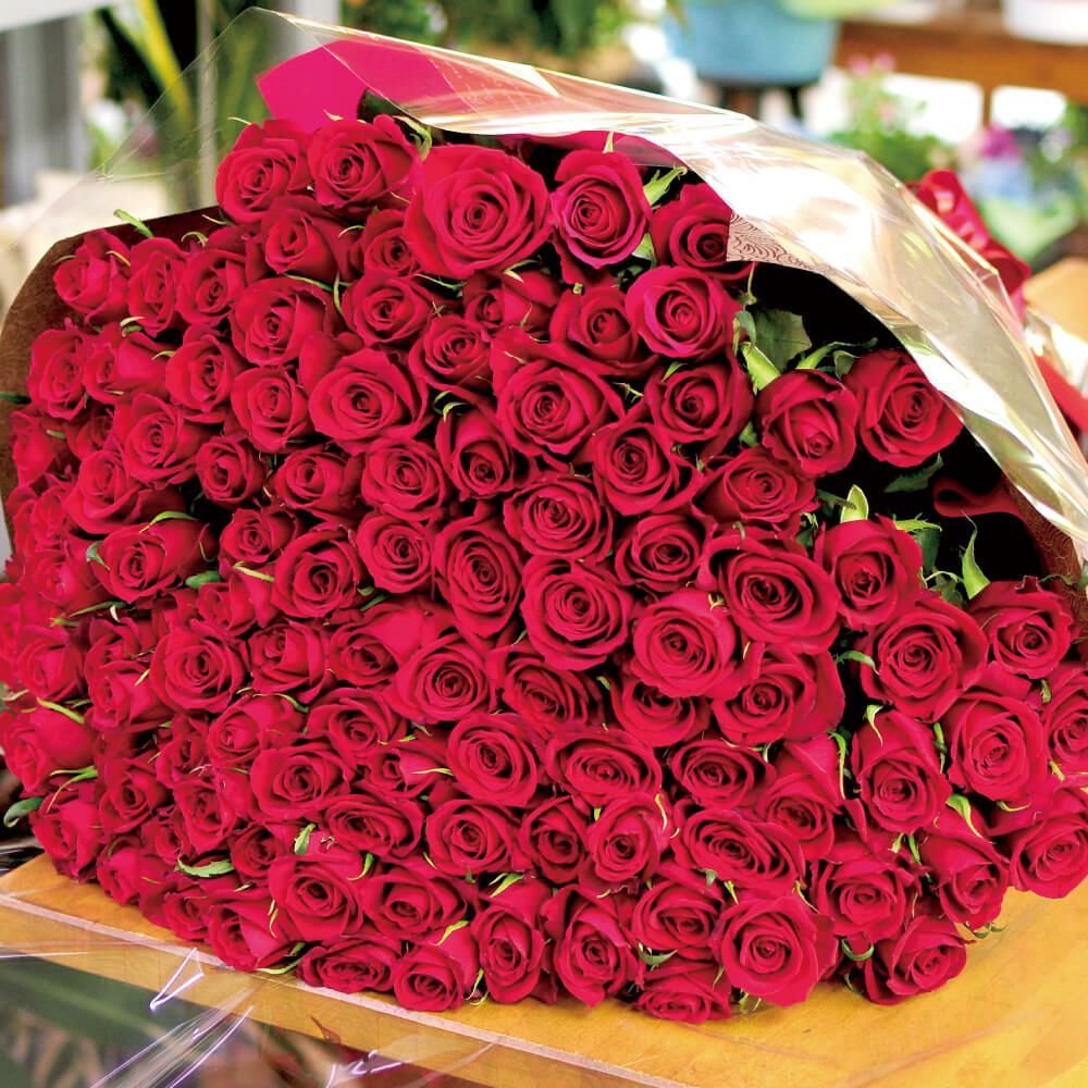 Large bouquet of red roses wrapped in clear paper on a table