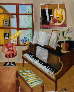 Painting of music room interior with piano, guitar, sheet music, and window showing garden view