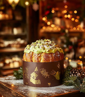 Panettone bread topped with pistachios in brown gift box on wooden table with Christmas lights