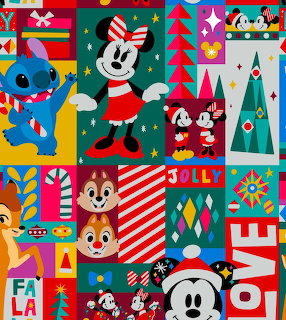 Patchwork quilt of Disney characters in Christmas-themed squares with holiday decorations and bright colors
