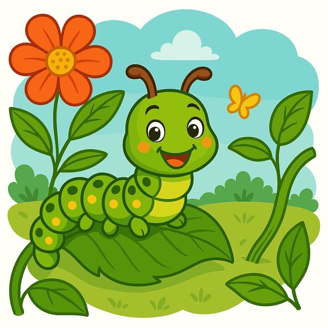 Smiling green caterpillar cartoon on a leaf with a flower and butterfly