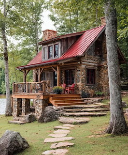 Stone cabin with red metal roof surrounded by trees and stone pathway