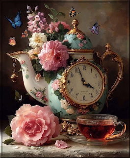 Ornate teapot with roses and clock surrounded by butterflies and tea cup in vintage still life painting