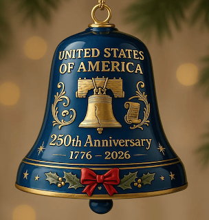 Blue ornamental bell with gold Liberty Bell image, stars, text reading United States of America 250th Anniversary 1776-2026