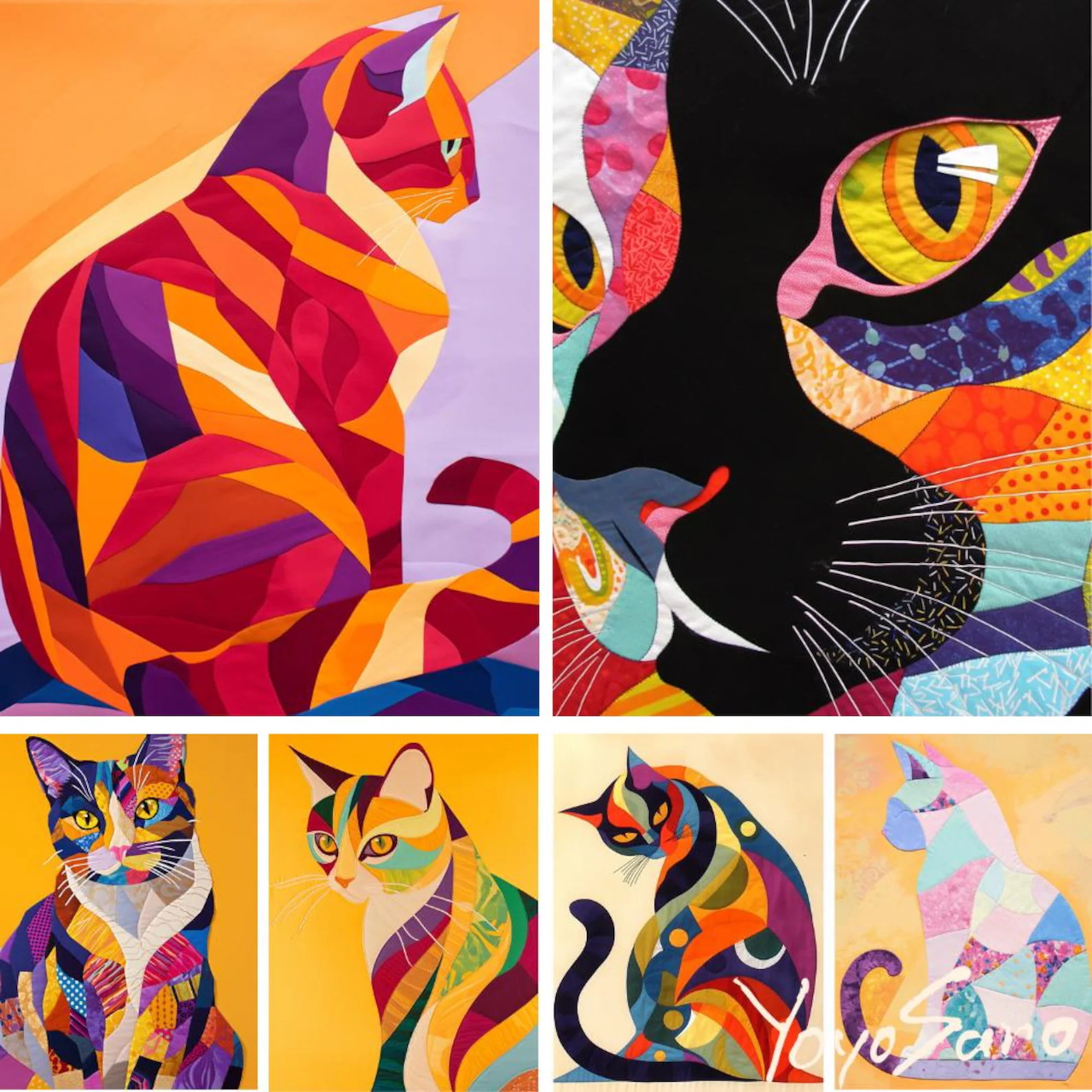 Colorful geometric cat collage with patchwork patterns in grid layout