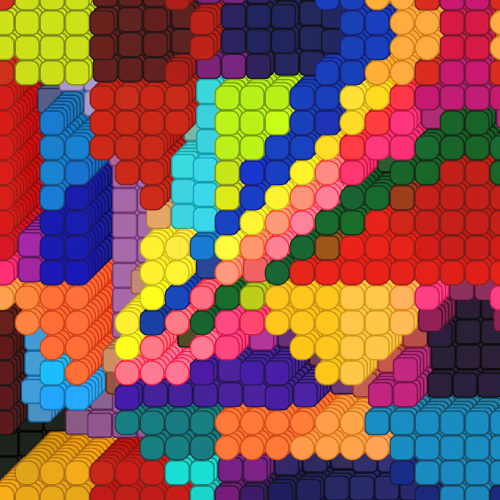 Abstract mosaic of colorful rounded square tiles forming curved patterns on a vibrant grid background