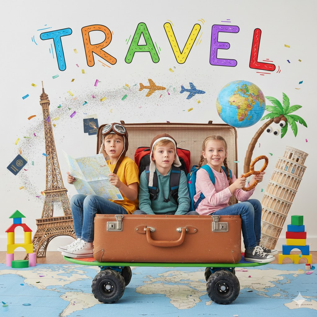 Three kids in suitcase with travel-themed props and landmarks