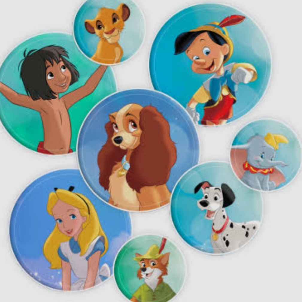 Collage of classic Disney animated movie characters in colorful circular frames